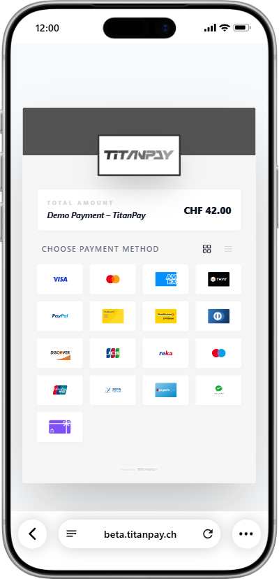 Der TitanPay-Checkout auf einem Smartphone mit TWINT, Karten, Apple Pay und Google Pay